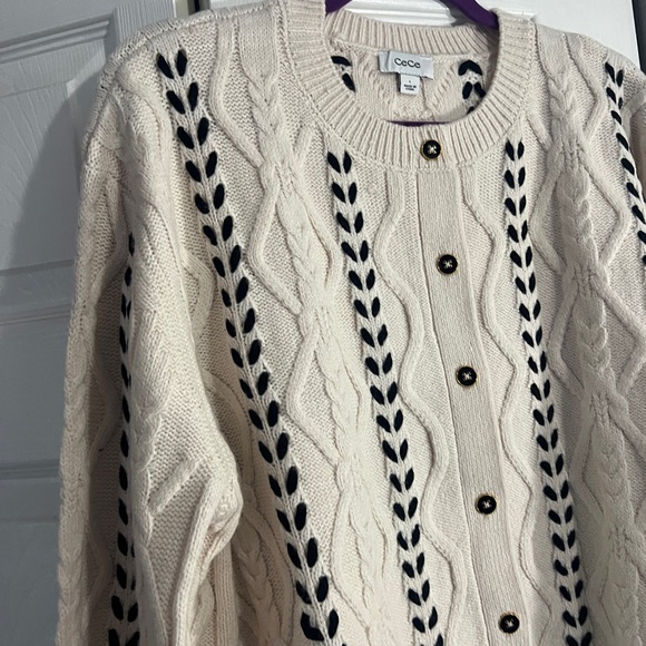 CeCe Women's Cream and Black Cable Knit Cardigan - Picture 6 of 11